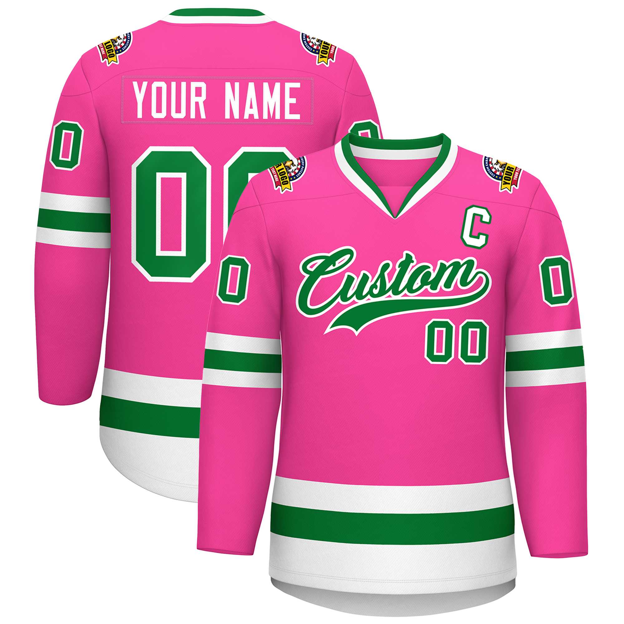 Custom Pink Kelly Green-White Classic Style Hockey Jersey Main image