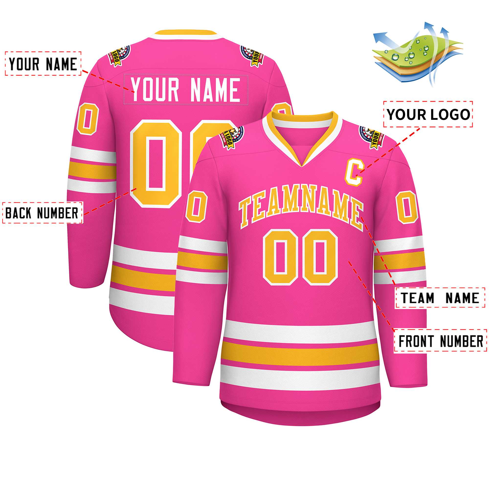 Custom Pink Gold-White Classic Style Hockey Jersey Secondary image