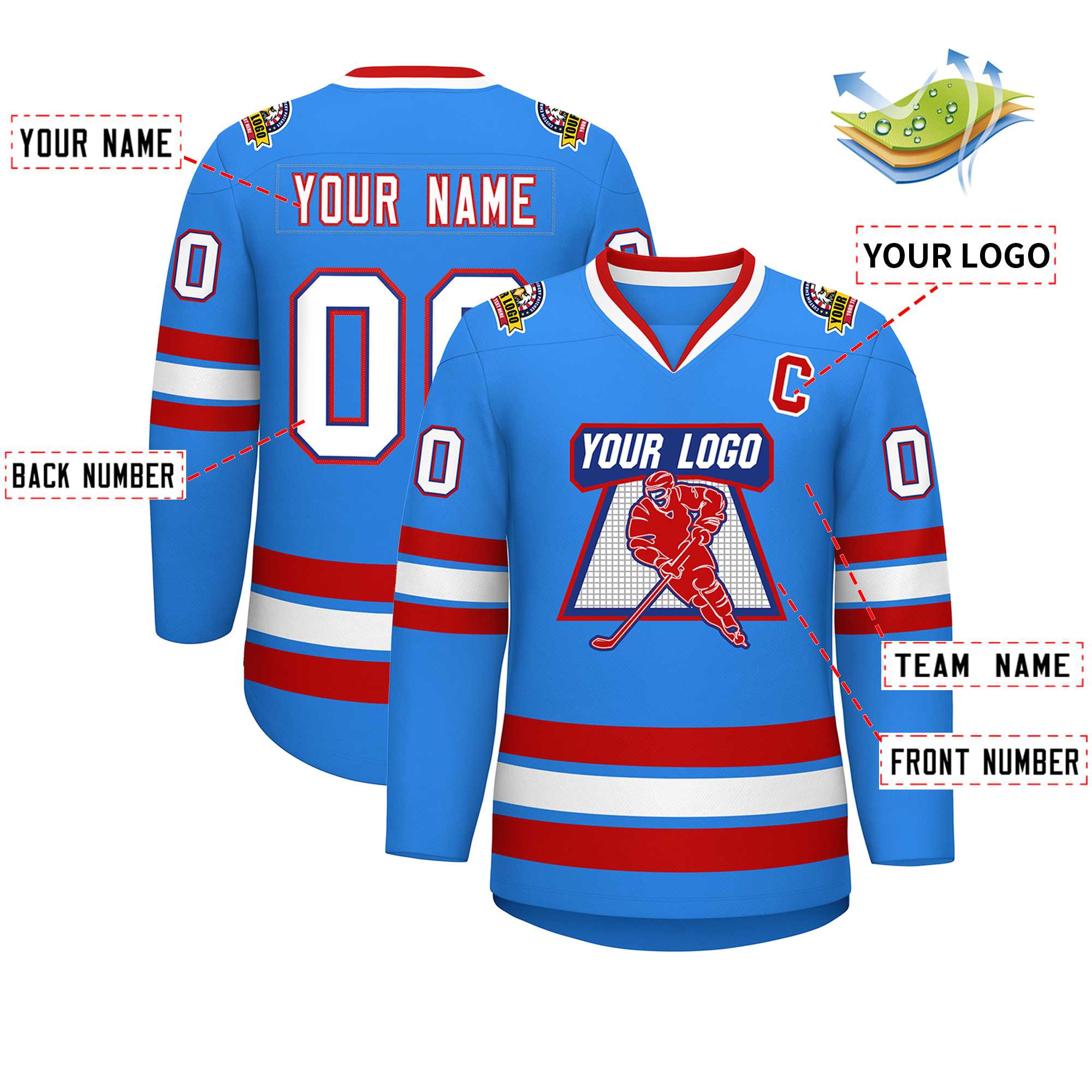 Custom Powder Blue White Royal-Red Classic Style Hockey Jersey Secondary image