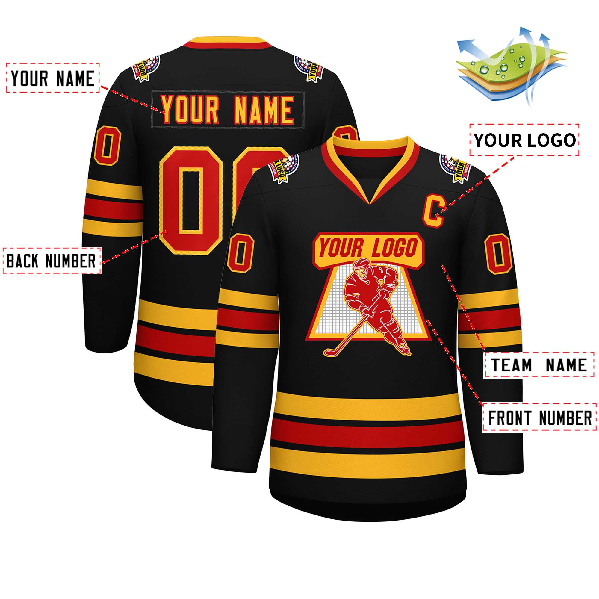Custom Black Red-Gold Classic Style Hockey Jersey Secondary image