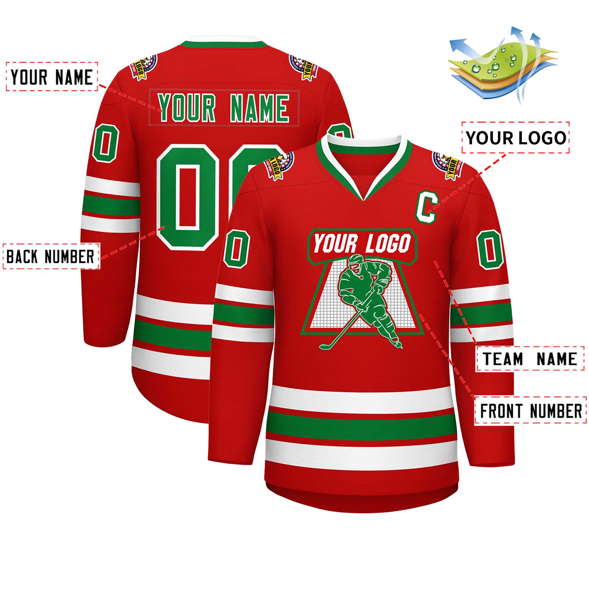 Custom Red Kelly Green-White Classic Style Hockey Jersey Secondary image