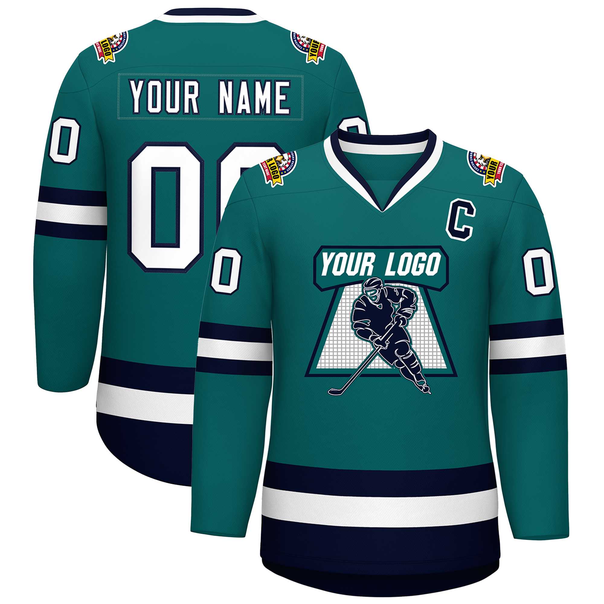 Custom Teal White-Navy Classic Style Hockey Jersey Main image