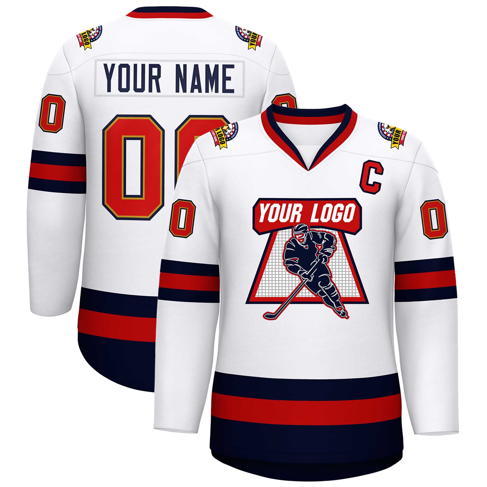 Custom White Navy Old Gold-Red Classic Style Hockey Jersey Main image