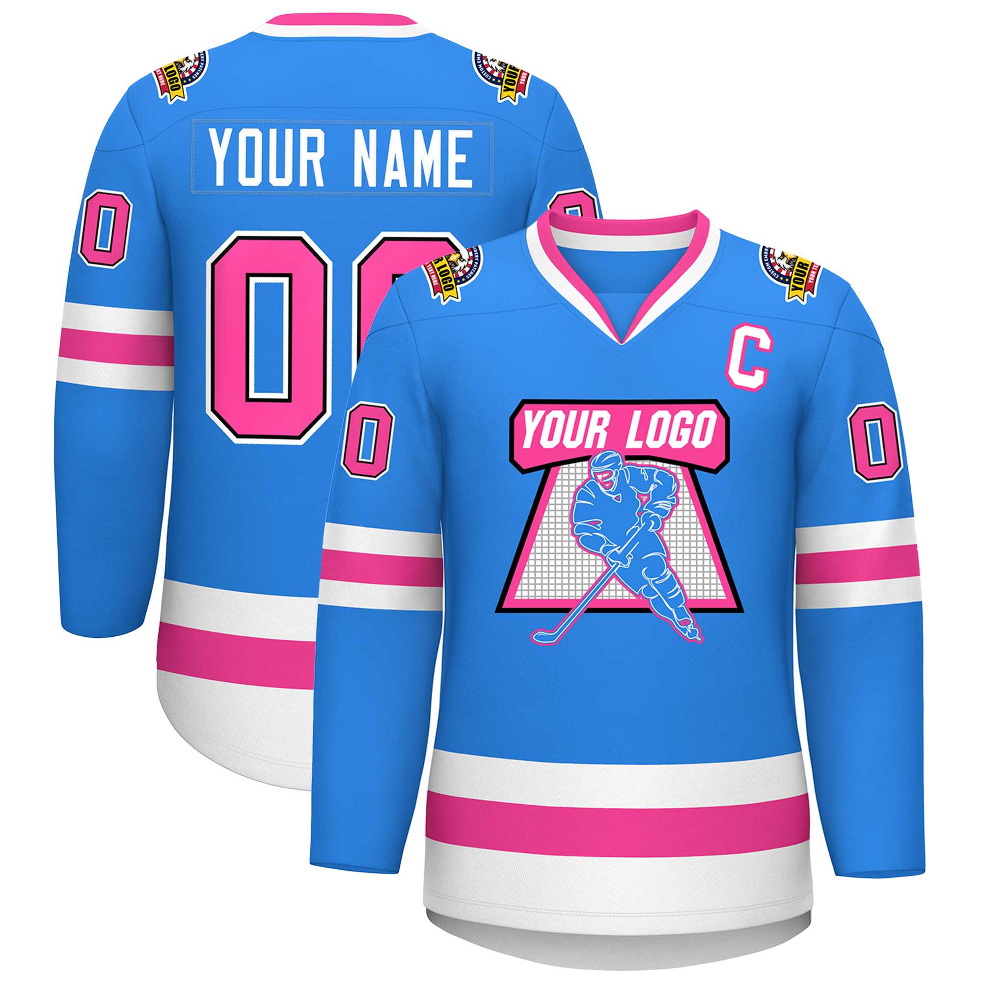 Custom Powder Blue Pink Black-White Classic Style Hockey Jersey Main image