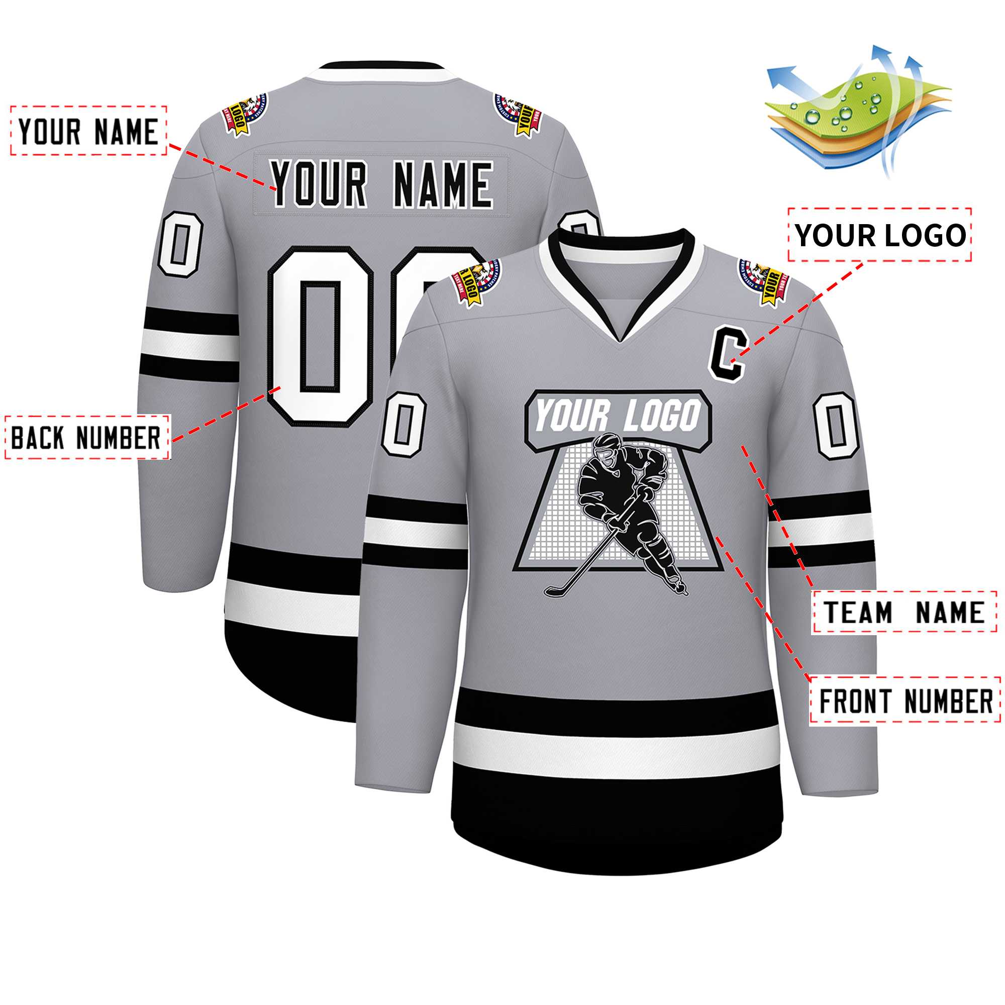Custom Gray Black-White Classic Style Hockey Jersey Secondary image