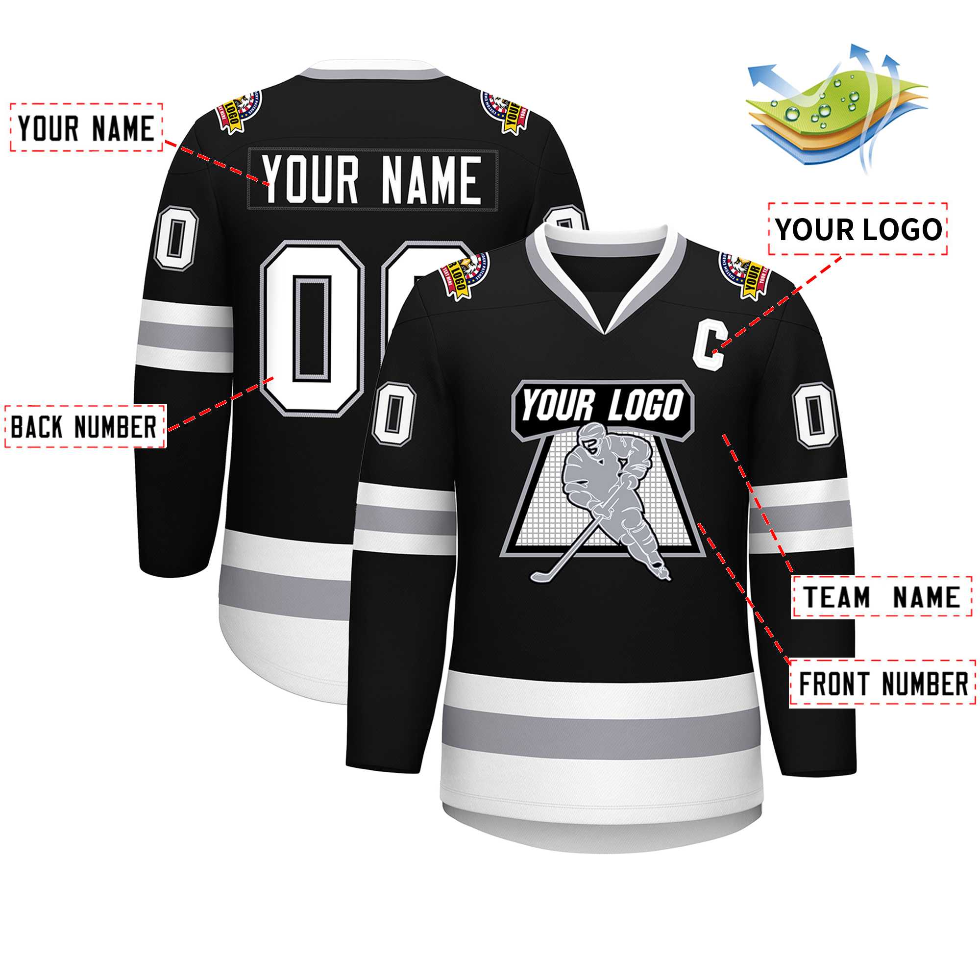 Custom Black White Black-Gray Classic Style Hockey Jersey Secondary image