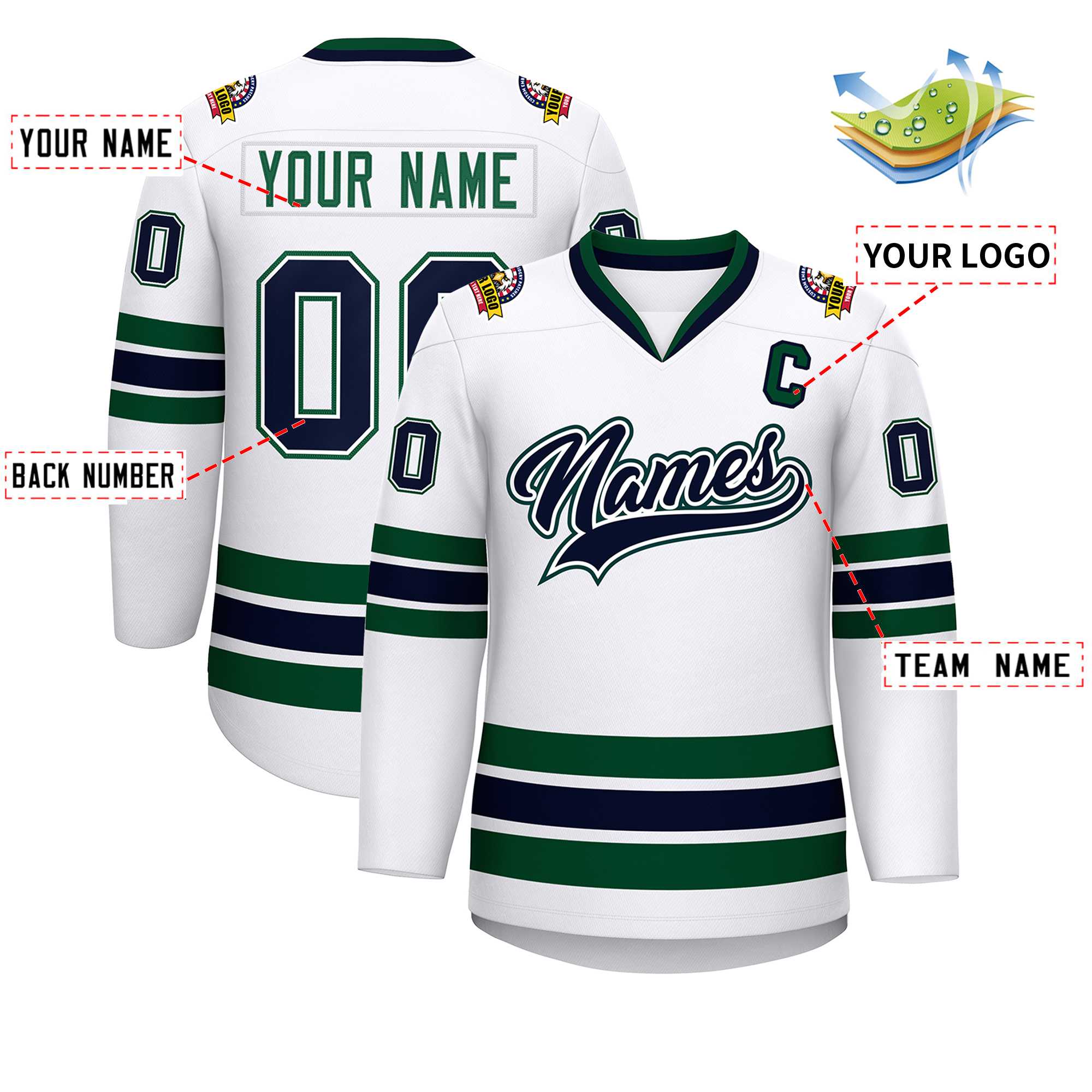 Custom White Navy White-Green Classic Style Hockey Jersey Secondary image