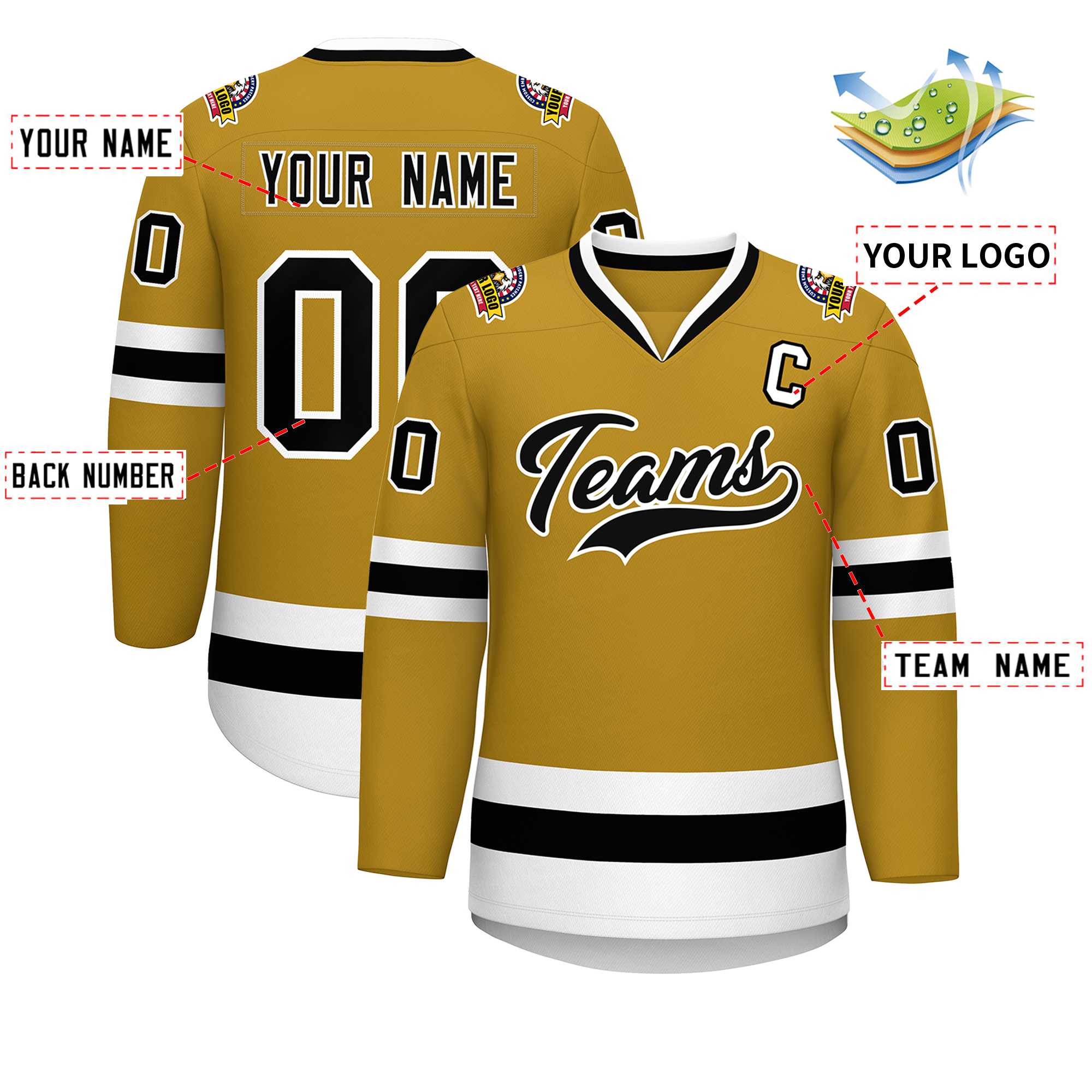 Custom Old Gold Black-White Classic Style Hockey Jersey Secondary image