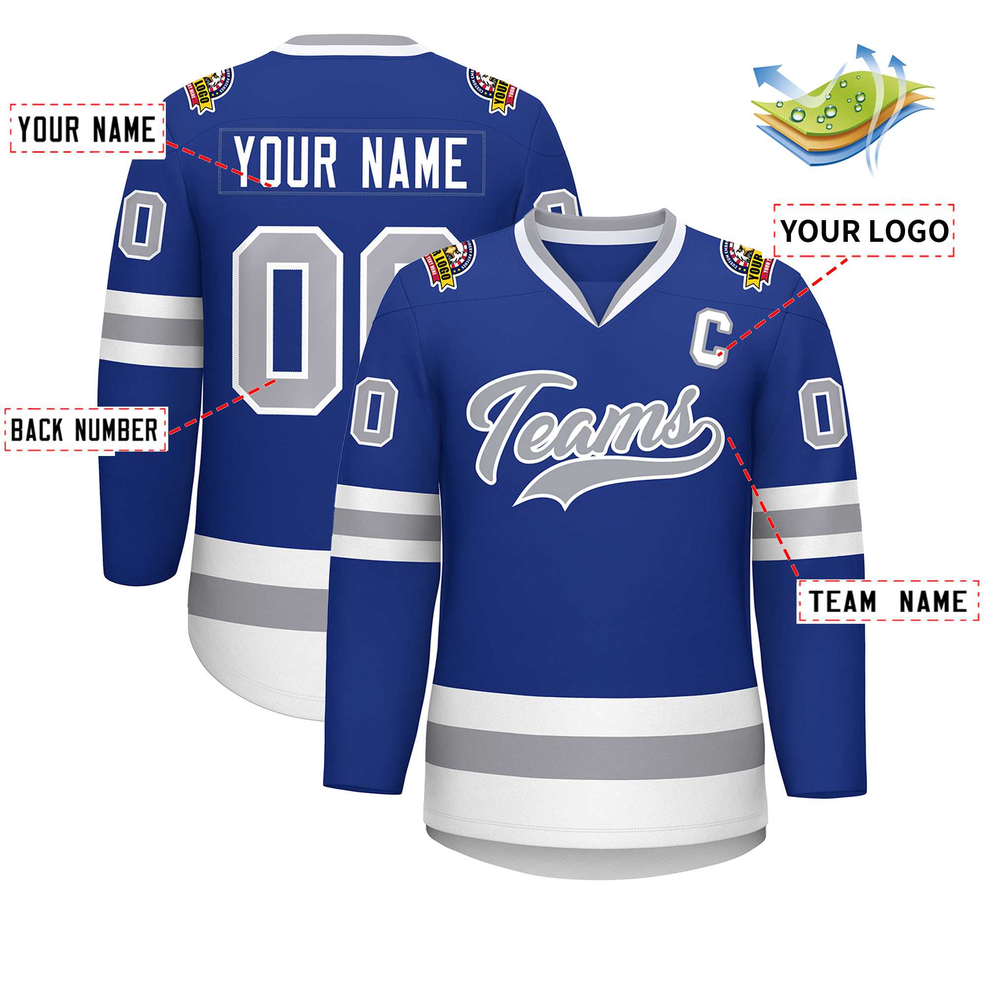 Custom Royal Gray-White Classic Style Hockey Jersey Secondary image