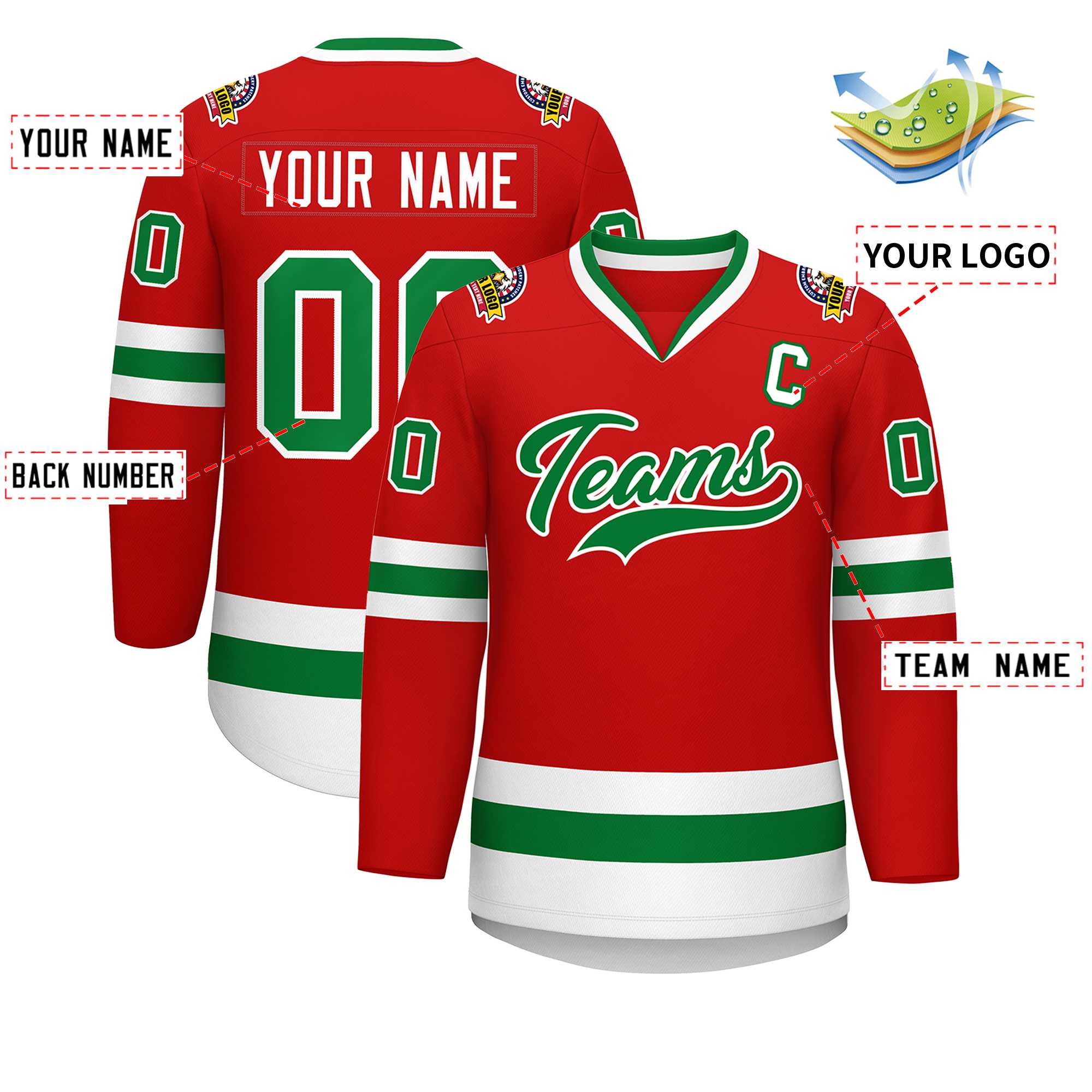 Custom Red Kelly Green-White Classic Style Hockey Jersey Secondary image