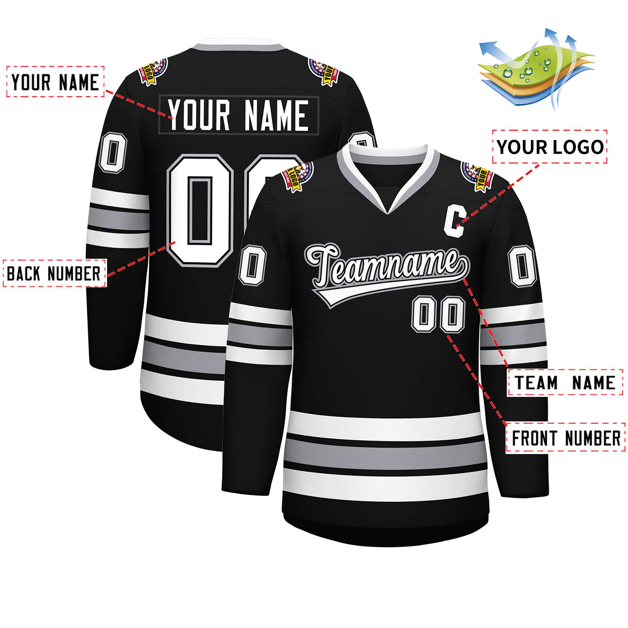 Custom Black White Black-Gray Classic Style Hockey Jersey Secondary image