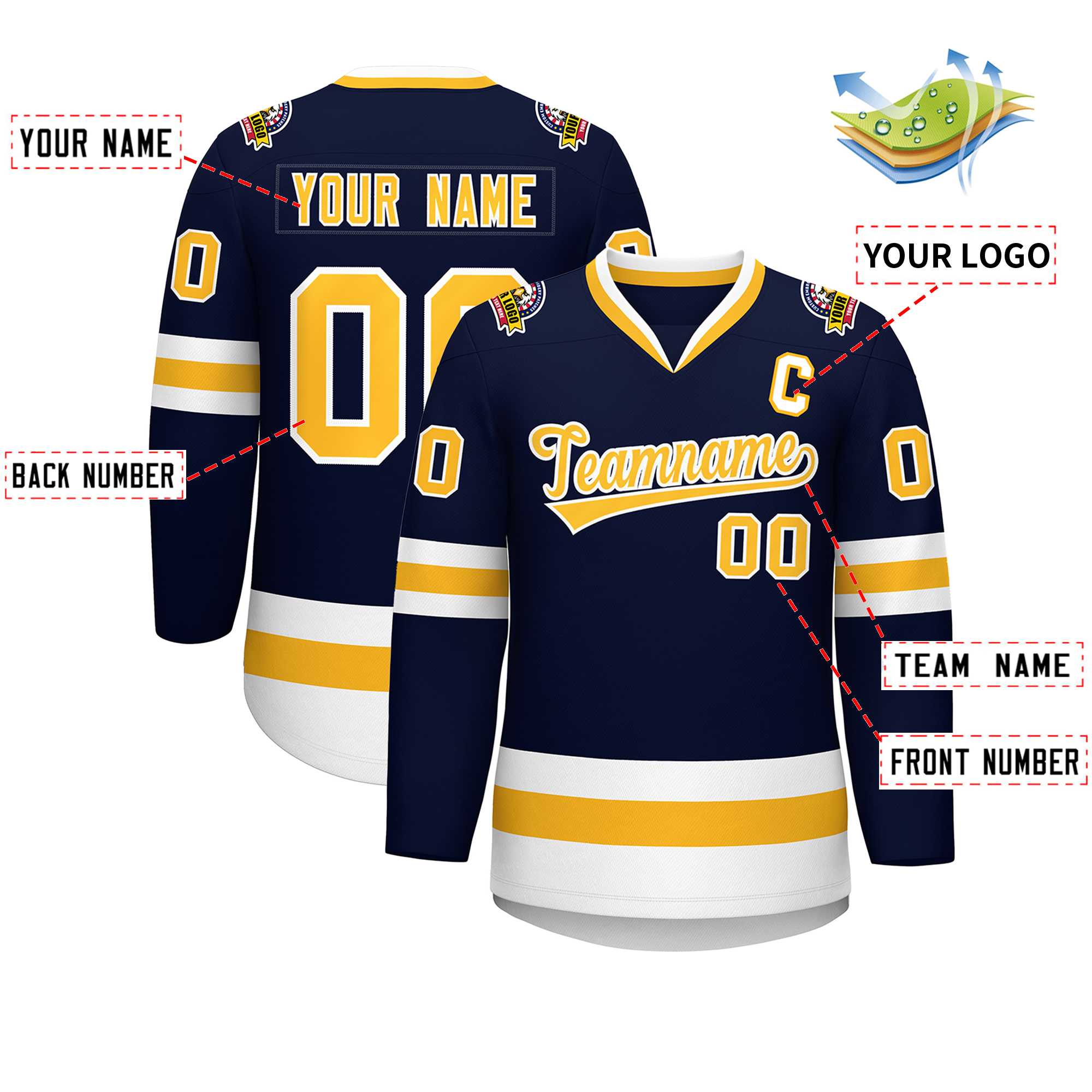 Custom Navy Gold-White Classic Style Hockey Jersey Secondary image