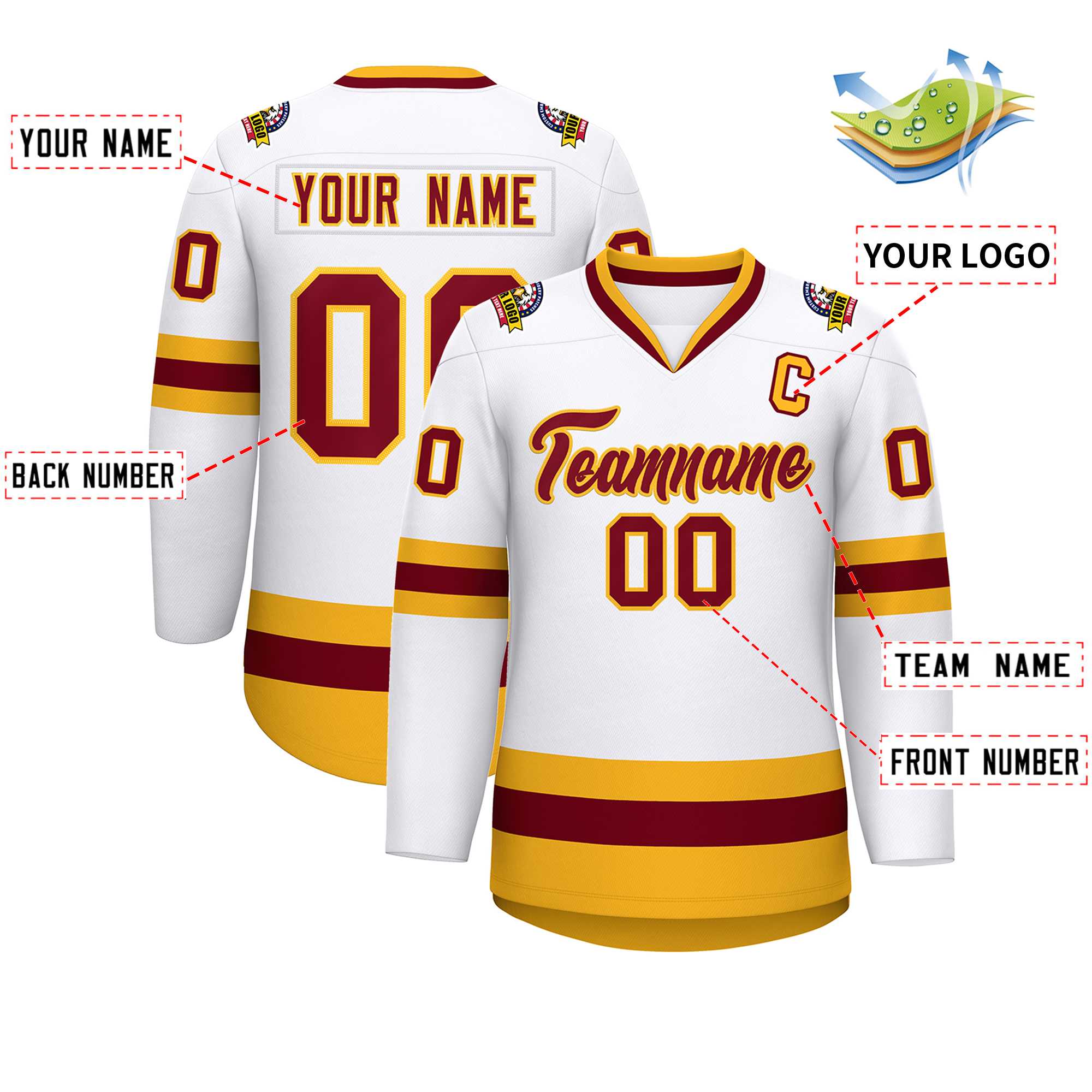 Custom White Crimson-Gold Classic Style Hockey Jersey Secondary image
