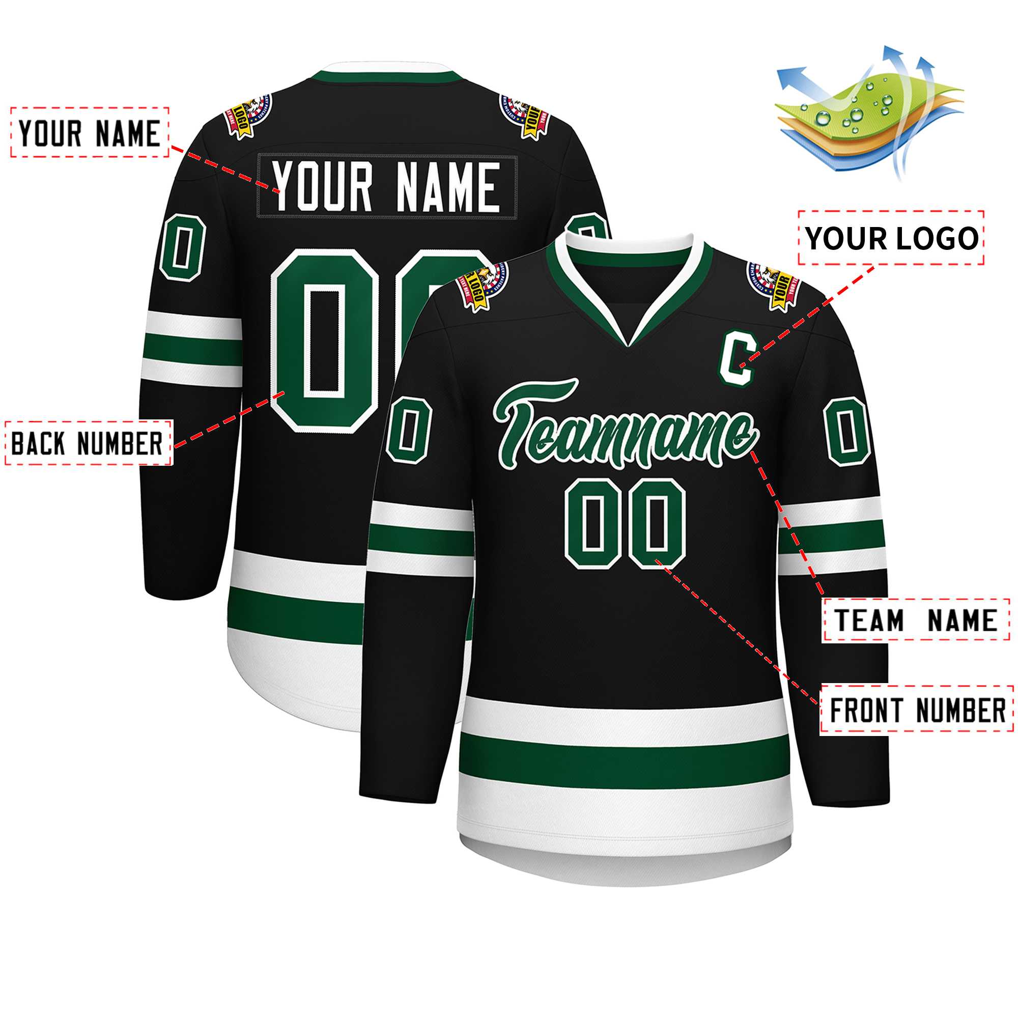 Custom Black Green-White Classic Style Hockey Jersey Secondary image