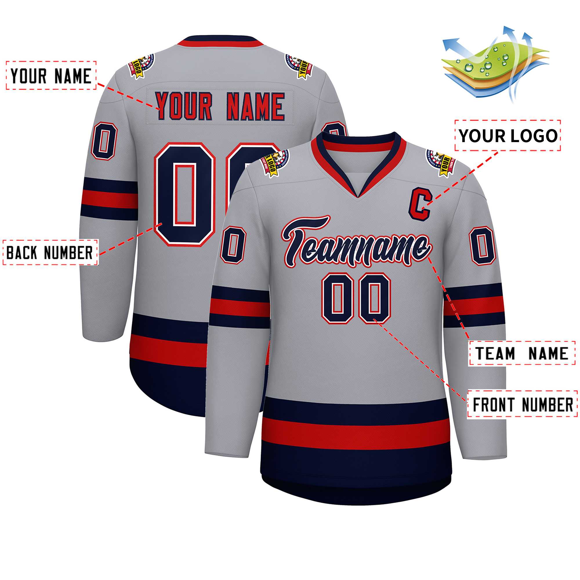 Custom Gray Navy White-Red Classic Style Hockey Jersey Secondary image