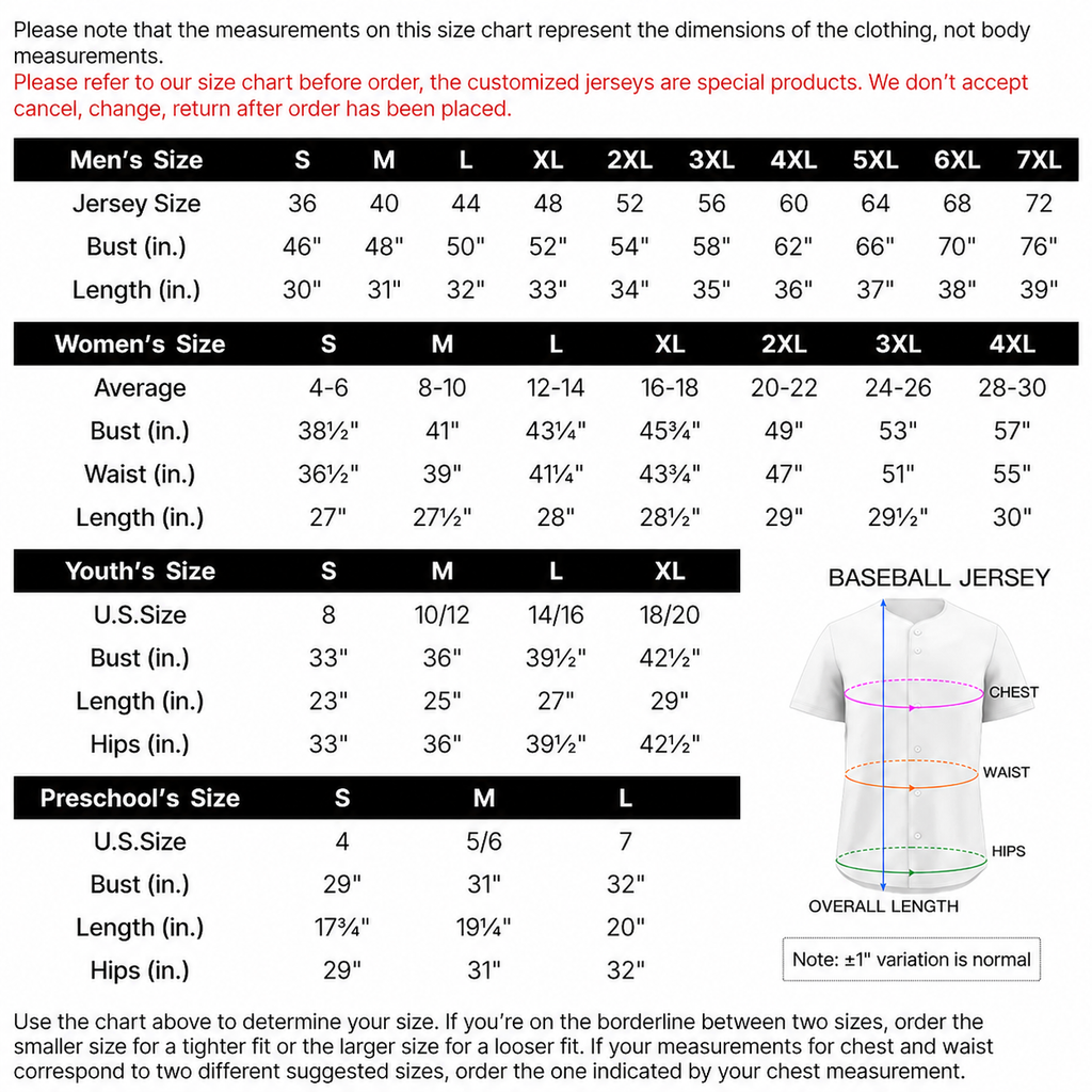 A size chart graphic for a baseball jersey, showing measurement tables for Men's, Women's, Youth's, and Preschool's sizes from S to XL, plus a white body-clothing diagram with colored measurement lines for chest, overall length, and hips.