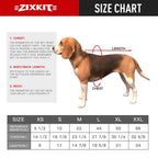 A size chart diagram for dog jerseys, showing a beagle dog with red arrows indicating chest, body, and neck measurements, alongside a size table from XS to XXL with weight and length references.