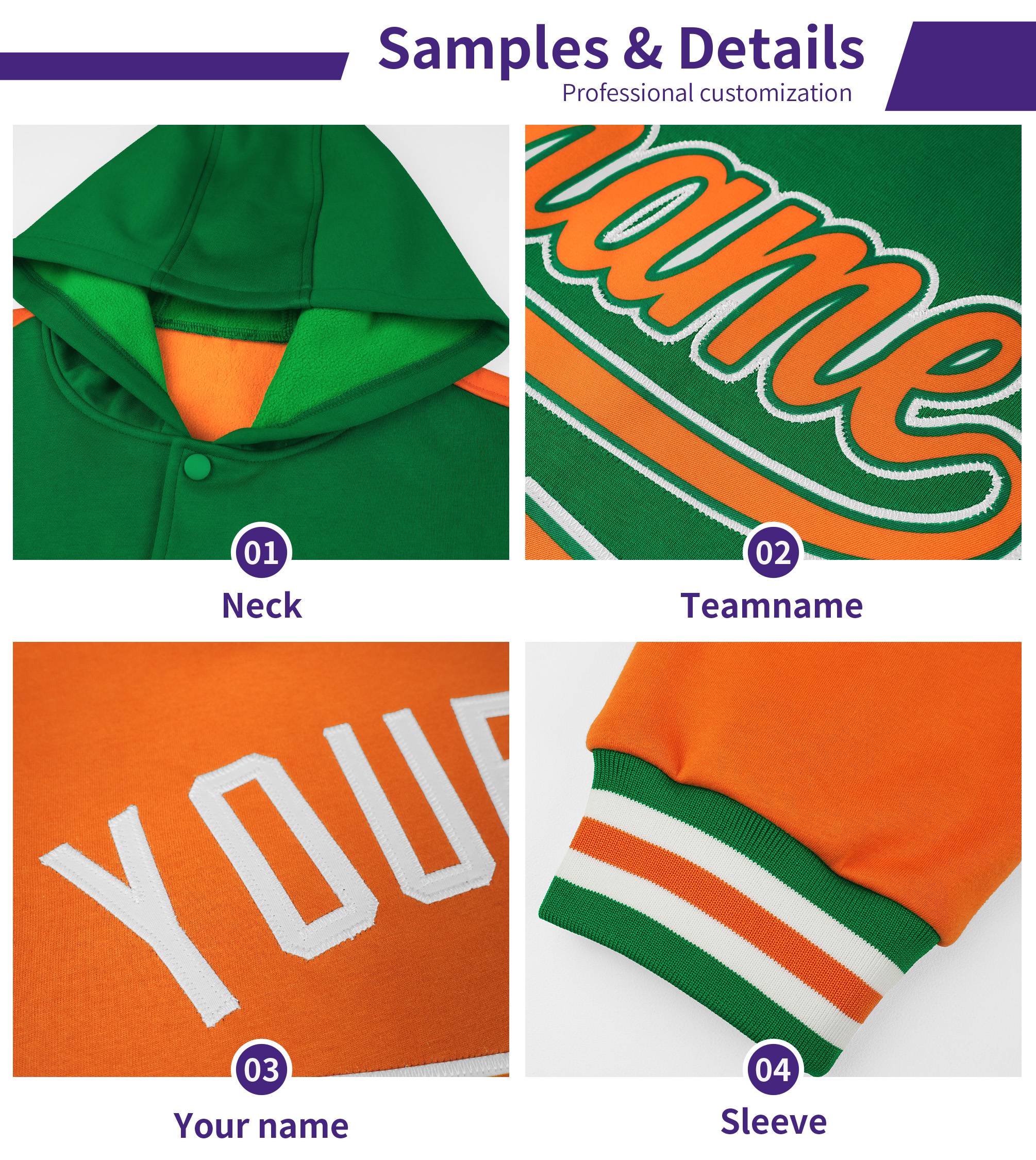 Custom Orange White Raglan Sleeves Varsity Full-Snap Letterman Two Tone Jacket Hoodie