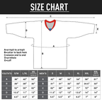 A sizing chart diagram for a children's top, showing a simplified outline of the garment with labeled measurements A through E and a size table at the bottom for youth, men's extra small, extra large, and men's extra extra large.