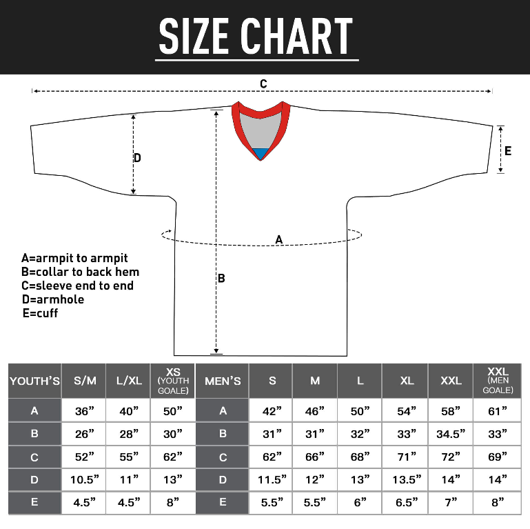 A sizing chart diagram for a children's top, showing a simplified outline of the garment with labeled measurements A through E and a size table at the bottom for youth, men's extra small, extra large, and men's extra extra large.
