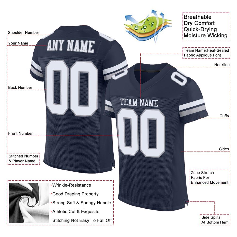 Custom Navy White-Light Gray Classic Style Mesh Authentic Football Jersey Secondary image