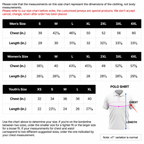 A size chart graphic for a POLO shirt listing, showing measurement tables for Men's, Women's, and Youth's sizes up to XL, plus a small POLO shirt diagram with chest and length measurements.