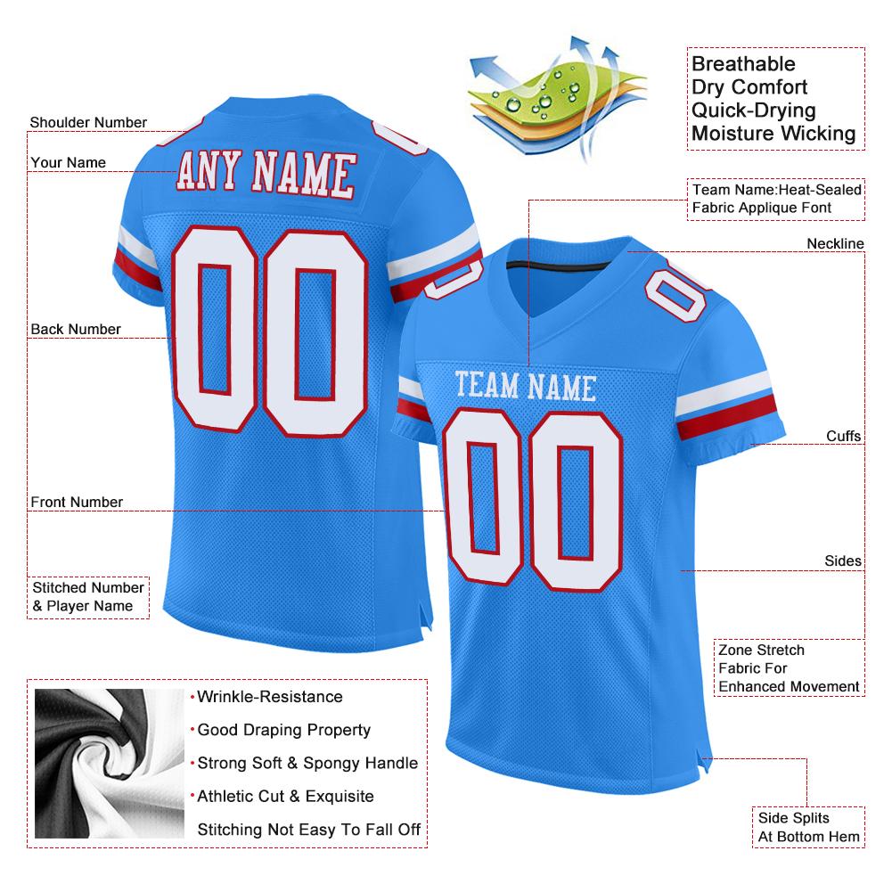 Custom Powder Blue White-Red Classic Style Mesh Authentic Football Jersey Secondary image