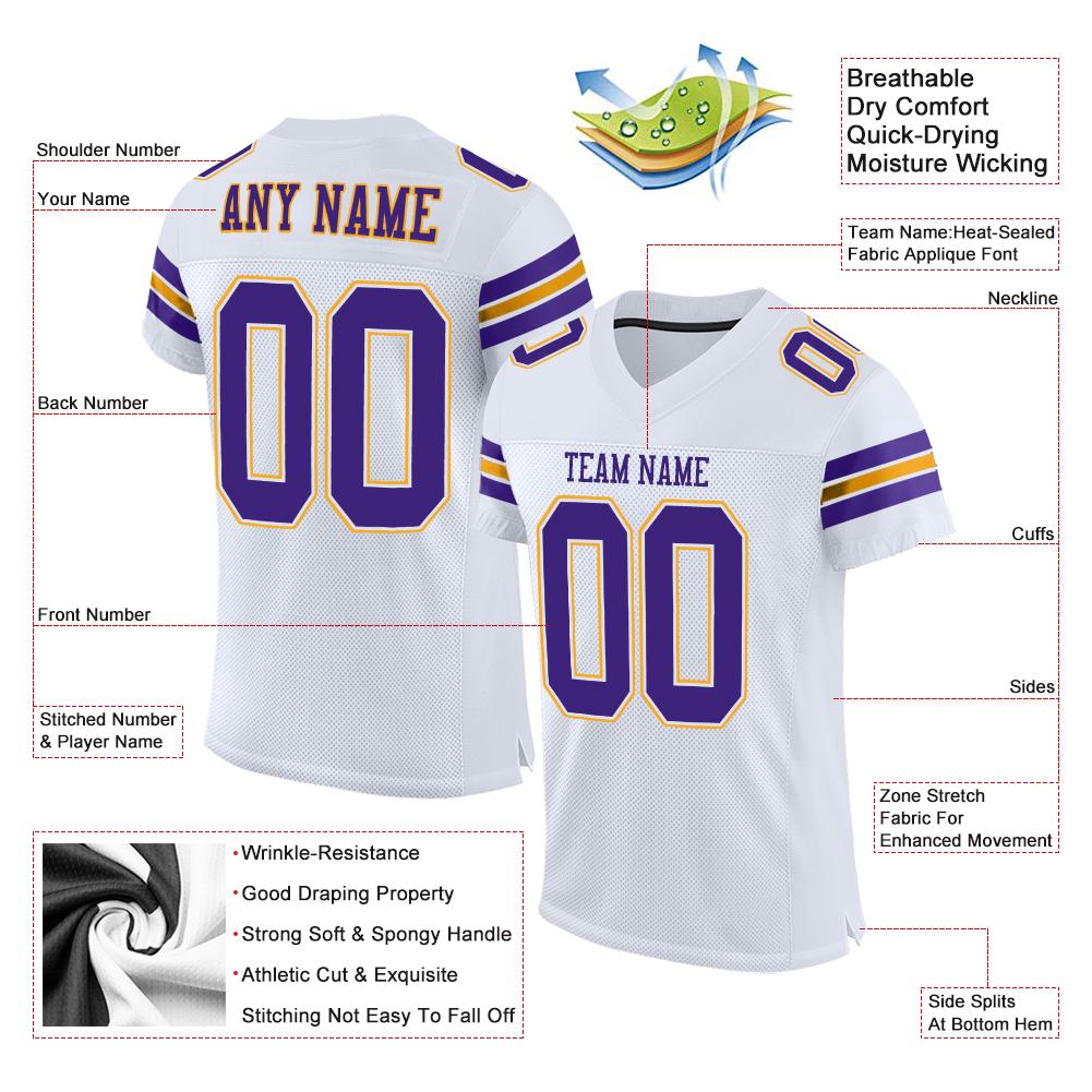 Custom White Purple-Gold Classic Style Mesh Authentic Football Jersey Secondary image